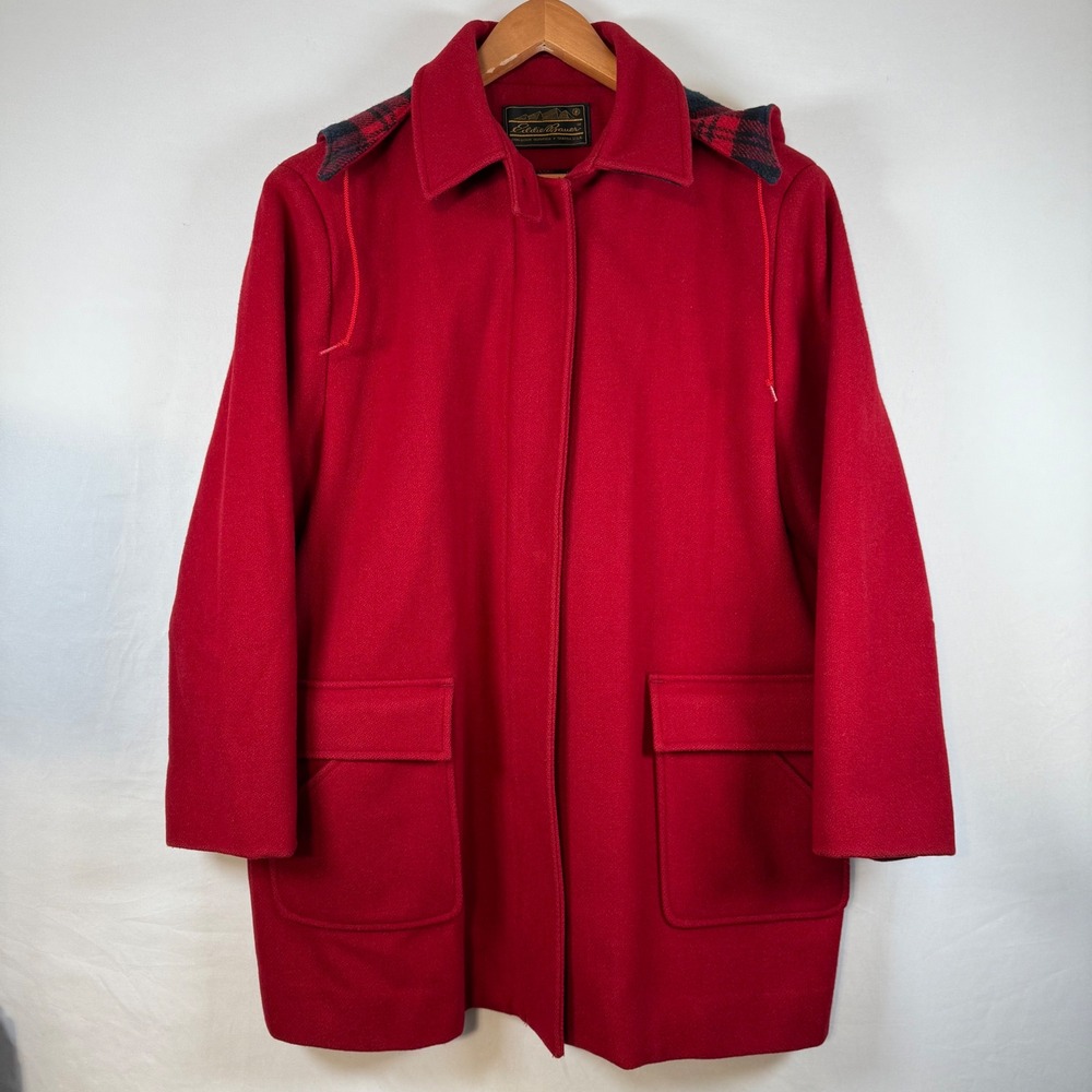 Eddie Bauer Red Wool Blend Plaid Lined Removable Hooded Jacket Size‎ 15 16 Large